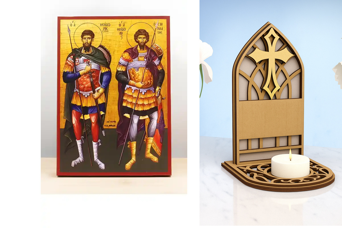 Εικόνα Ορθοδοξίας Καντηλάκι σε  8 χρώματα με περίγραμμα χρυσό σε ξύλο Plywood (Πλακάζ)   με  βάση Άγιοι Θεόδωρος Στρατηλάτης και Τήρων, Ξύλινη Χειροποίητη Εικόνα Ελληνικού Βυζαντινού Στυλ Κρεμαστή σε ξύλινη πλάκα Χειροποίητη Ελληνορθόδοξη εικόνα του Ιησού