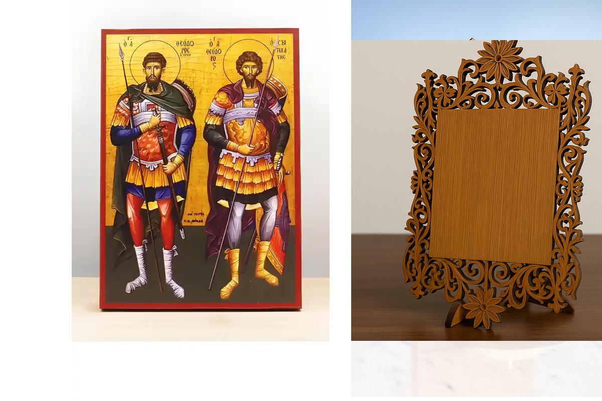 Εικόνα Ορθοδοξίας Δαντέλα μαζι με  Βάση σε  8 χρώματα με περίγραμμα χρυσό σε ξύλο Plywood (Πλακάζ)   με  βάση Άγιοι Θεόδωρος Στρατηλάτης και Τήρων, Ξύλινη Χειροποίητη Εικόνα Ελληνικού Βυζαντινού Στυλ Κρεμαστή σε ξύλινη πλάκα Χειροποίητη Ελληνορθόδοξη εικό