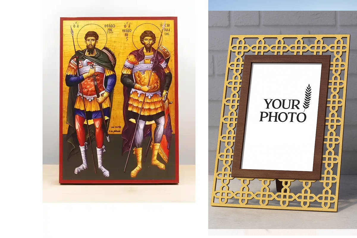 Εικόνα Ορθοδοξίας Πολυτελείας  με  σχεδιο Σταυρούς μαζι με  Βάση σε  8 χρώματα με περίγραμμα χρυσό σε ξύλο Plywood (Πλακάζ)   με  βάση Άγιοι Θεόδωρος Στρατηλάτης και Τήρων, Ξύλινη Χειροποίητη Εικόνα Ελληνικού Βυζαντινού Στυλ Κρεμαστή σε ξύλινη πλάκα Χειρο