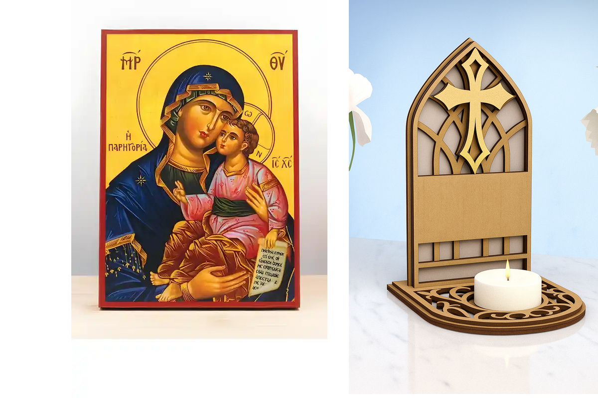 Εικόνα Ορθοδοξίας Καντηλάκι σε  8 χρώματα με περίγραμμα χρυσό σε ξύλο Plywood (Πλακάζ)   με  βάση Παναγία Γλυκό φιλί την Παρηγοριά με τον Ιησού, Ξύλινη Χειροποίητη Εικόνα Ελληνικού Βυζαντινού Στυλ υψηλών προδιαγραφών τοίχου Κρεμασμένη σε ξύλινη πλάκα Χειρ