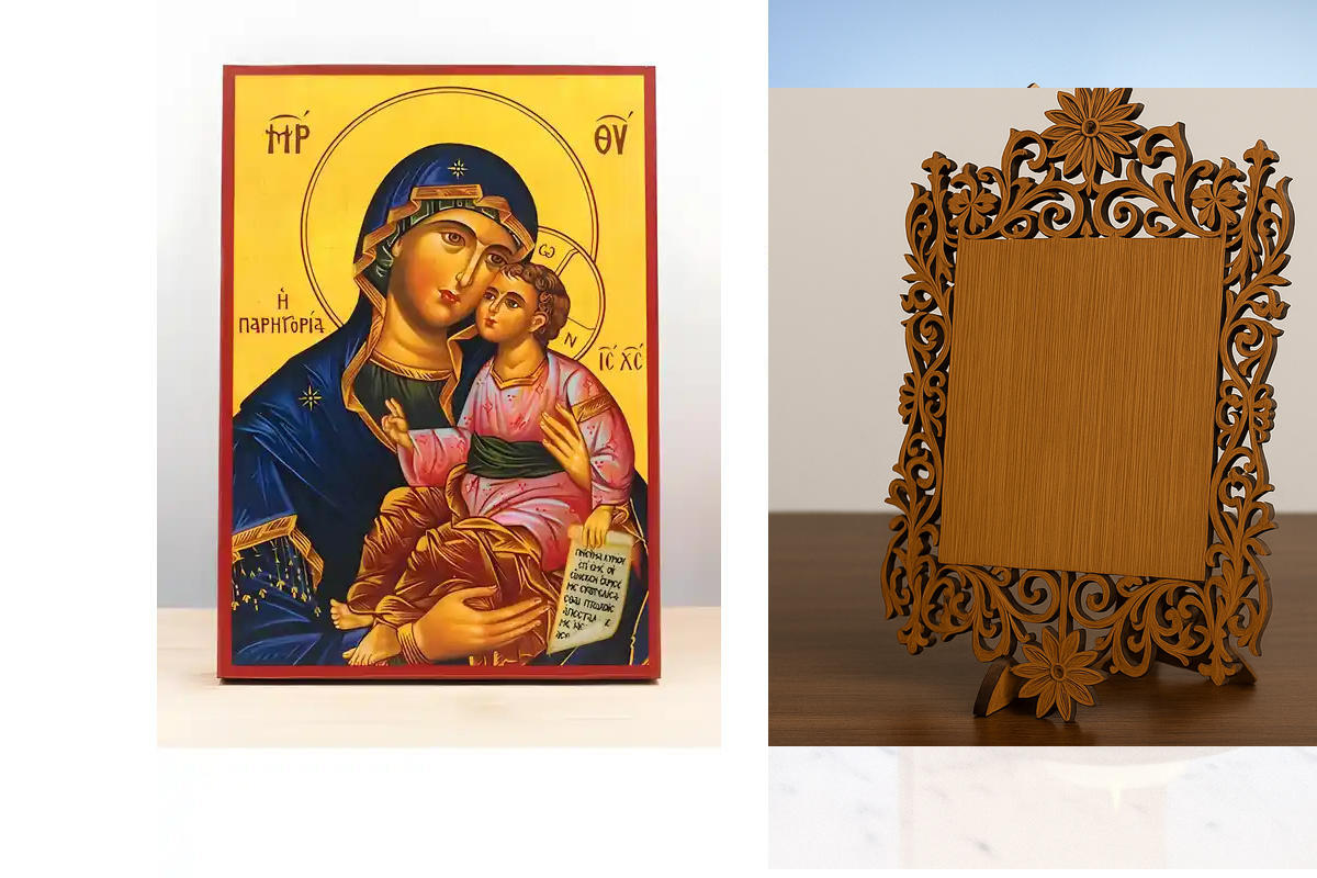 Εικόνα Ορθοδοξίας Δαντέλα μαζι με  Βάση σε  8 χρώματα με περίγραμμα χρυσό σε ξύλο Plywood (Πλακάζ)   με  βάση Παναγία Γλυκό φιλί την Παρηγοριά με τον Ιησού, Ξύλινη Χειροποίητη Εικόνα Ελληνικού Βυζαντινού Στυλ υψηλών προδιαγραφών τοίχου Κρεμασμένη σε ξύλιν