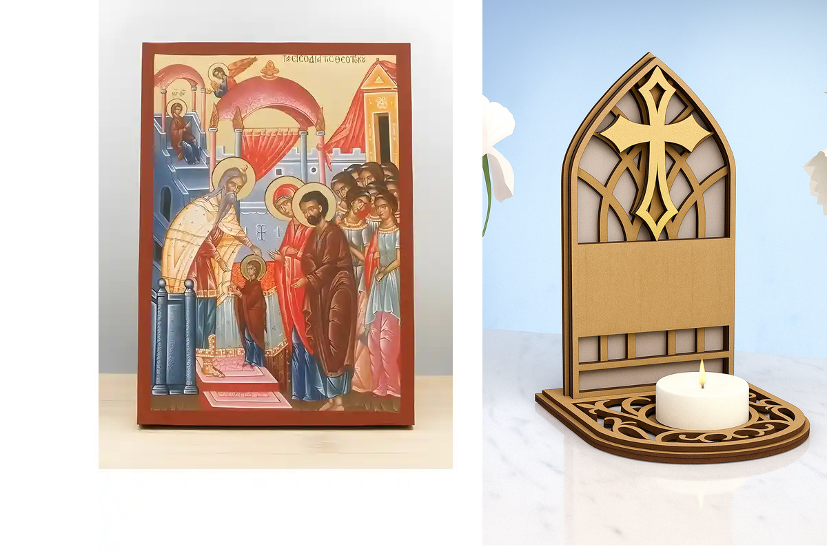 Εικόνα Ορθοδοξίας Καντηλάκι σε  8 χρώματα με περίγραμμα χρυσό σε ξύλο Plywood (Πλακάζ)   με  βάση Η είσοδος της Παναγίας στο Ναό, Ξύλινη Χειροποίητη Εικόνα με Φύλλο Χρυσού Ελληνικού Premium Βυζαντινού Στυλ Κρεμαστό τοίχου Θρησκευτικό Θέμα Χειροποίητη Ελλη