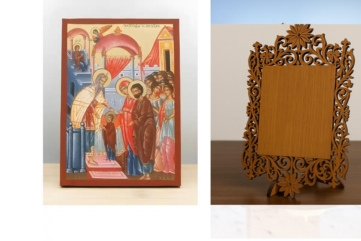 Εικόνα Ορθοδοξίας Δαντέλα μαζι με  Βάση σε  8 χρώματα με περίγραμμα χρυσό σε ξύλο Plywood (Πλακάζ)   με  βάση Η είσοδος της Παναγίας στο Ναό, Ξύλινη Χειροποίητη Εικόνα με Φύλλο Χρυσού Ελληνικού Premium Βυζαντινού Στυλ Κρεμαστό τοίχου Θρησκευτικό Θέμα Χειρ