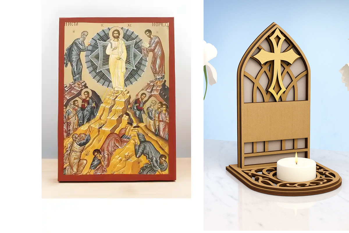 Εικόνα Ορθοδοξίας Καντηλάκι σε  8 χρώματα με περίγραμμα χρυσό σε ξύλο Plywood (Πλακάζ)   με  βάση Μεταμόρφωση του Ιησού Χριστού "Μεταμόρφωση", Ξύλινη Χειροποίητη Εικόνα με Φύλλο Χρυσού Ελληνικού Βυζαντινού Στυλ Κρεμαστή σε Ξυλόπλακα Χειροποίητη Ελληνορθόδ