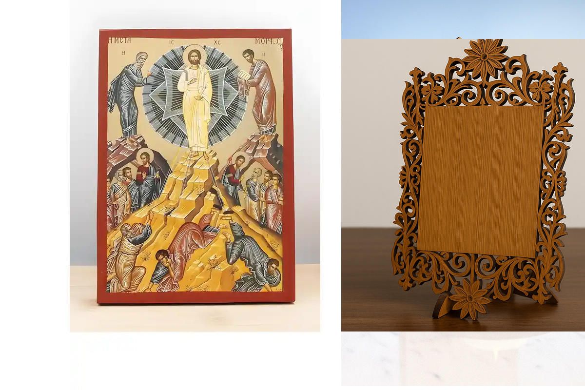 Εικόνα Ορθοδοξίας Δαντέλα μαζι με  Βάση σε  8 χρώματα με περίγραμμα χρυσό σε ξύλο Plywood (Πλακάζ)   με  βάση Μεταμόρφωση του Ιησού Χριστού "Μεταμόρφωση", Ξύλινη Χειροποίητη Εικόνα με Φύλλο Χρυσού Ελληνικού Βυζαντινού Στυλ Κρεμαστή σε Ξυλόπλακα Χειροποίητ