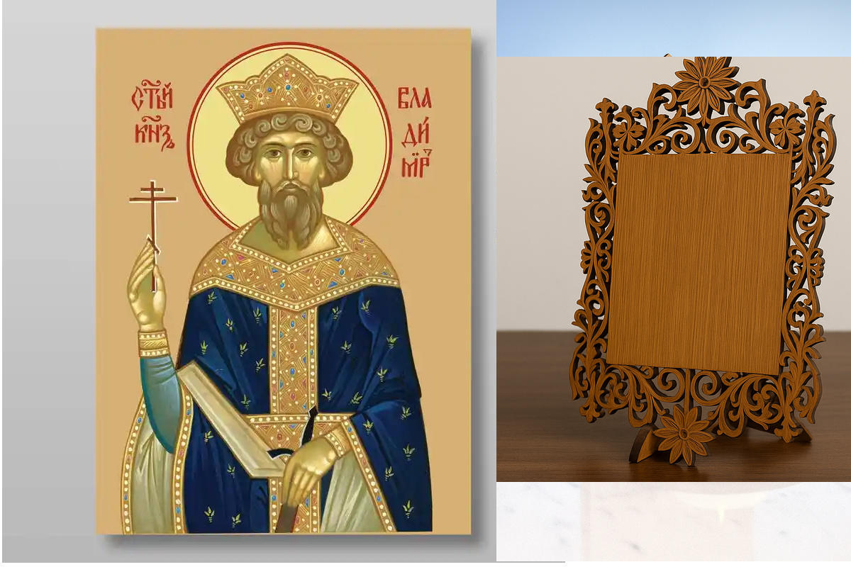 Εικόνα Ορθοδοξίας Δαντέλα μαζι με  Βάση σε  8 χρώματα με περίγραμμα χρυσό σε ξύλο Plywood (Πλακάζ)   με  βάση Vladimir Equal to the Apostles Grand Duke, Χειροποίητη Ελληνορθόδοξη , Κρεμαστή πλάκα βυζαντινής τέχνης, χριστιανική τέχνη Διάσταση 10x7 cm (3,9