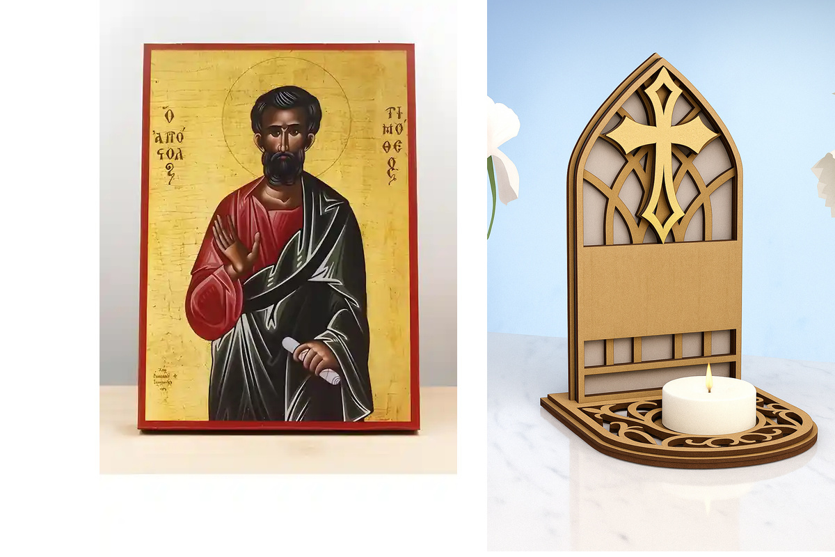 Εικόνα Ορθοδοξίας Καντηλάκι σε  8 χρώματα με περίγραμμα χρυσό σε ξύλο Plywood (Πλακάζ)   με  βάση Άγιος Απόστολος Τιμόθεος, Ξύλινη Χειροποίητη Εικόνα Ελληνικής Premium Βυζαντινού Στυλ Κρεμαστή σε ξύλινη πλάκα Θρησκευτικό θέμα Χειροποίητη Ελληνορθόδοξη εικ