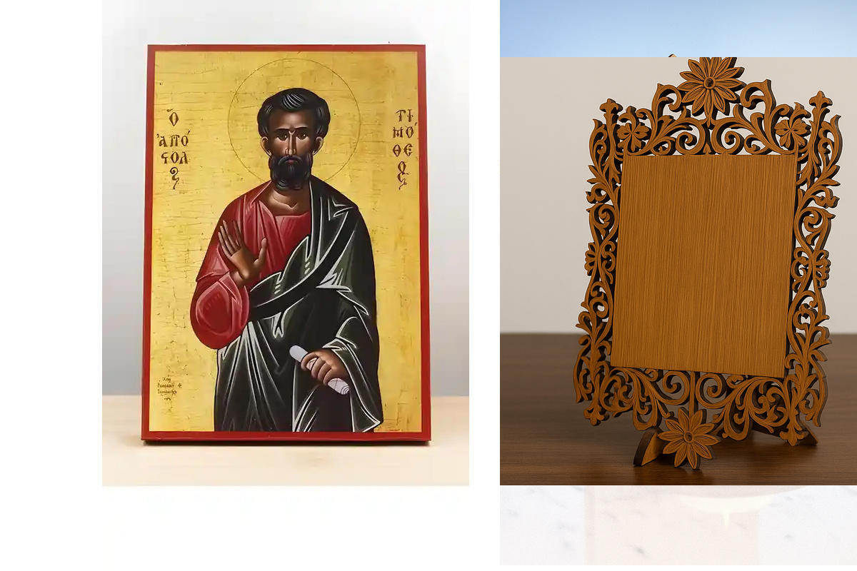 Εικόνα Ορθοδοξίας Δαντέλα μαζι με  Βάση σε  8 χρώματα με περίγραμμα χρυσό σε ξύλο Plywood (Πλακάζ)   με  βάση Άγιος Απόστολος Τιμόθεος, Ξύλινη Χειροποίητη Εικόνα Ελληνικής Premium Βυζαντινού Στυλ Κρεμαστή σε ξύλινη πλάκα Θρησκευτικό θέμα Χειροποίητη Ελλην