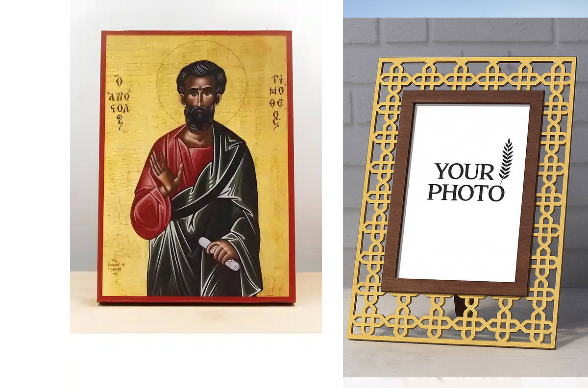 Εικόνα Ορθοδοξίας Πολυτελείας  με  σχεδιο Σταυρούς μαζι με  Βάση σε  8 χρώματα με περίγραμμα χρυσό σε ξύλο Plywood (Πλακάζ)   με  βάση Άγιος Απόστολος Τιμόθεος, Ξύλινη Χειροποίητη Εικόνα Ελληνικής Premium Βυζαντινού Στυλ Κρεμαστή σε ξύλινη πλάκα Θρησκευτι