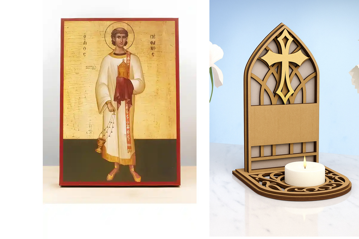 Εικόνα Ορθοδοξίας Καντηλάκι σε  8 χρώματα με περίγραμμα χρυσό σε ξύλο Plywood (Πλακάζ)   με  βάση Άγιος Στέφανος ο Πρωτομάρτυς, Ξύλινη Χειροποίητη Εικόνα Ελληνικού Βυζαντινού Στυλ Κρεμαστή σε ξύλινη πλάκα Θρησκευτικό θέμα Χειροποίητη Ελληνορθόδοξη εικόνα