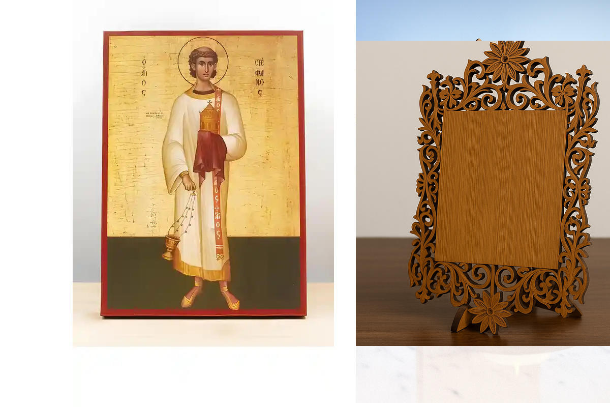 Εικόνα Ορθοδοξίας Δαντέλα μαζι με  Βάση σε  8 χρώματα με περίγραμμα χρυσό σε ξύλο Plywood (Πλακάζ)   με  βάση Άγιος Στέφανος ο Πρωτομάρτυς, Ξύλινη Χειροποίητη Εικόνα Ελληνικού Βυζαντινού Στυλ Κρεμαστή σε ξύλινη πλάκα Θρησκευτικό θέμα Χειροποίητη Ελληνορθό