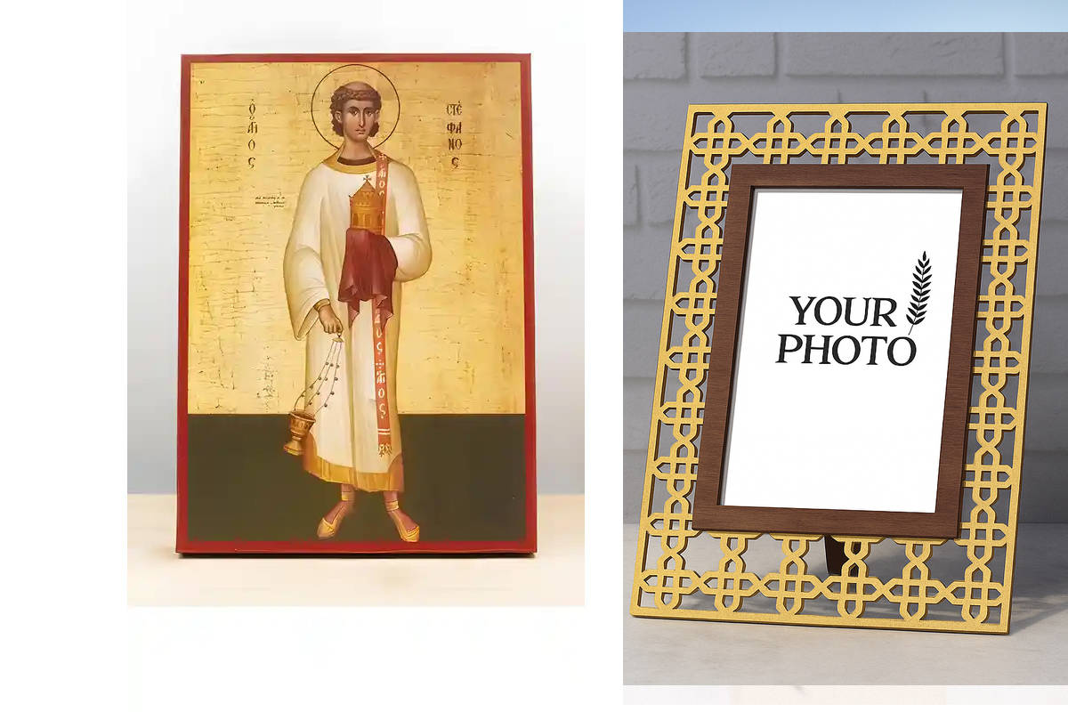 Εικόνα Ορθοδοξίας Πολυτελείας  με  σχεδιο Σταυρούς μαζι με  Βάση σε  8 χρώματα με περίγραμμα χρυσό σε ξύλο Plywood (Πλακάζ)   με  βάση Άγιος Στέφανος ο Πρωτομάρτυς, Ξύλινη Χειροποίητη Εικόνα Ελληνικού Βυζαντινού Στυλ Κρεμαστή σε ξύλινη πλάκα Θρησκευτικό θ