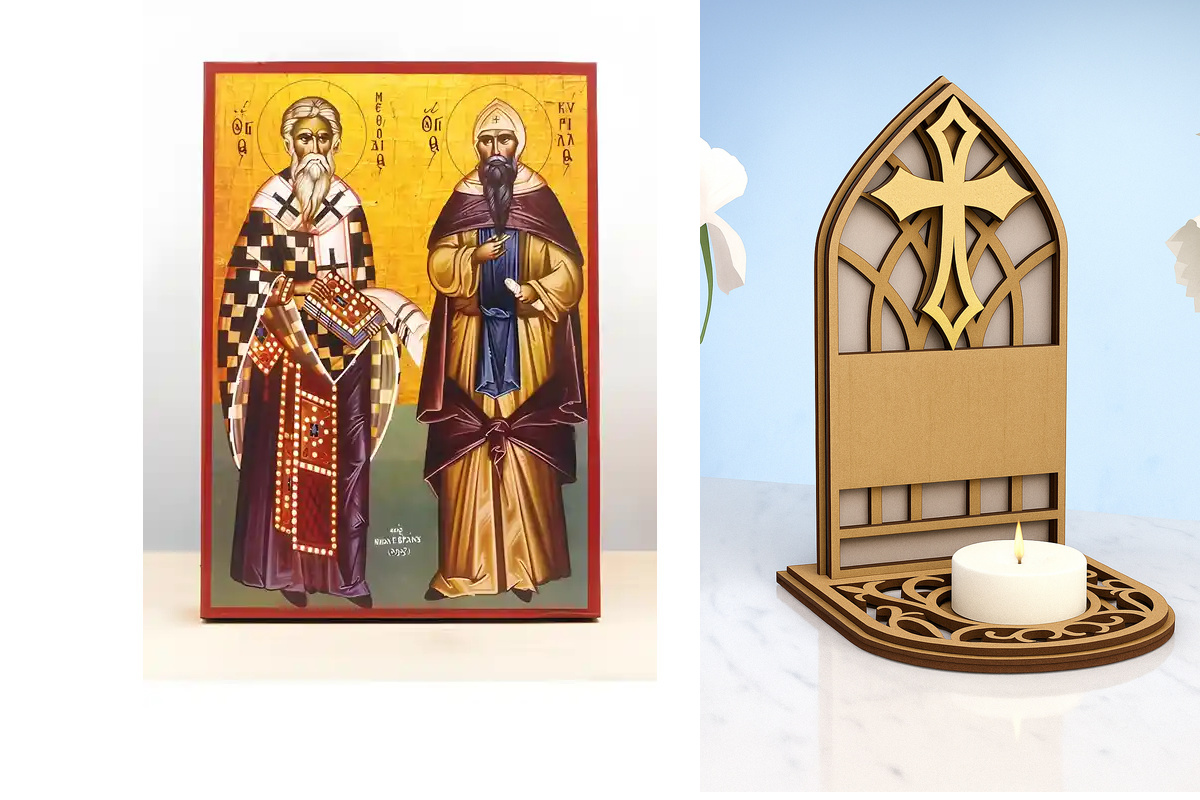 Εικόνα Ορθοδοξίας Καντηλάκι σε  8 χρώματα με περίγραμμα χρυσό σε ξύλο Plywood (Πλακάζ)   με  βάση Άγιοι Κύριλλος και Μεθόδιος, Ξύλινη Χειροποίητη Εικόνα Ελληνικού Βυζαντινού Στυλ Κρεμαστή σε ξύλινη πλάκα Χειροποίητη Ελληνορθόδοξη εικόνα του Ιησού Χριστού,