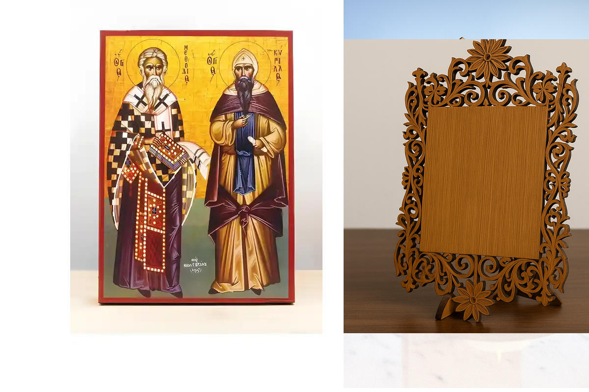 Εικόνα Ορθοδοξίας Δαντέλα μαζι με  Βάση σε  8 χρώματα με περίγραμμα χρυσό σε ξύλο Plywood (Πλακάζ)   με  βάση Άγιοι Κύριλλος και Μεθόδιος, Ξύλινη Χειροποίητη Εικόνα Ελληνικού Βυζαντινού Στυλ Κρεμαστή σε ξύλινη πλάκα Χειροποίητη Ελληνορθόδοξη εικόνα του Ιη