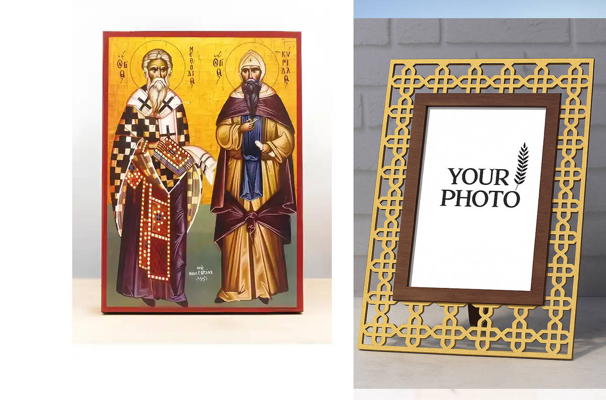 Εικόνα Ορθοδοξίας Πολυτελείας  με  σχεδιο Σταυρούς μαζι με  Βάση σε  8 χρώματα με περίγραμμα χρυσό σε ξύλο Plywood (Πλακάζ)   με  βάση Άγιοι Κύριλλος και Μεθόδιος, Ξύλινη Χειροποίητη Εικόνα Ελληνικού Βυζαντινού Στυλ Κρεμαστή σε ξύλινη πλάκα Χειροποίητη Ελ