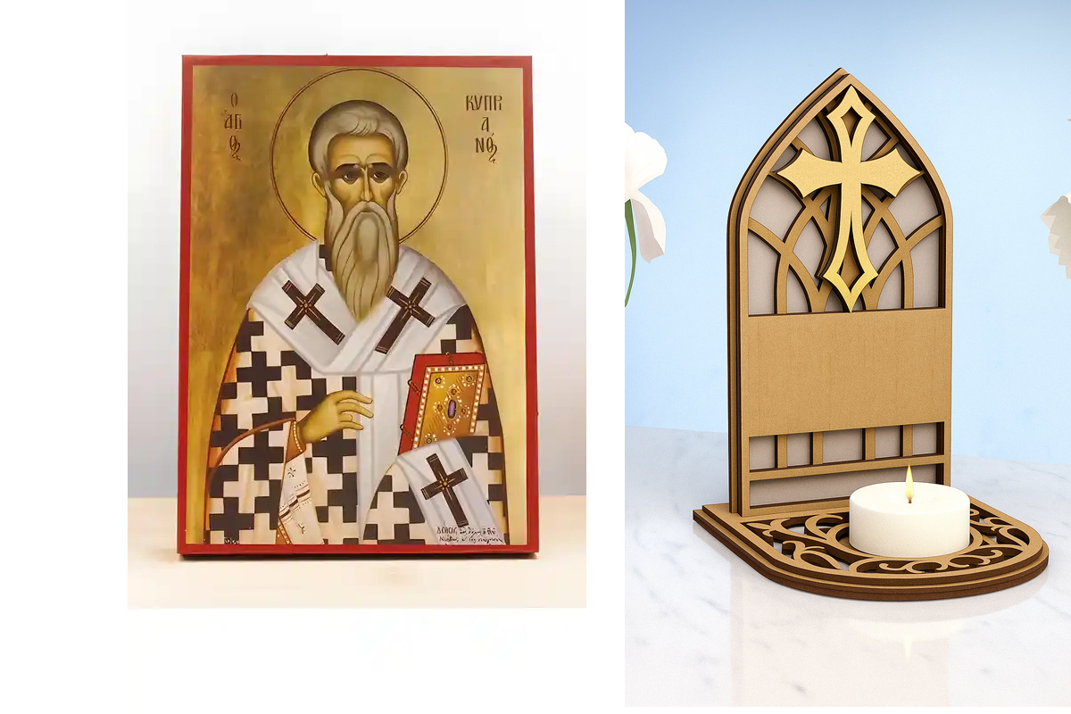 Εικόνα Ορθοδοξίας Καντηλάκι σε  8 χρώματα με περίγραμμα χρυσό σε ξύλο Plywood (Πλακάζ)   με  βάση Άγιος Κύπριος «Κυπριανός», Ξύλινη Χειροποίητη Εικόνα Ελληνικού Βυζαντινού Στυλ Κρεμαστή σε ξύλινη πλάκα Χειροποίητη Ελληνορθόδοξη εικόνα του Ιησού Χριστού, Κ