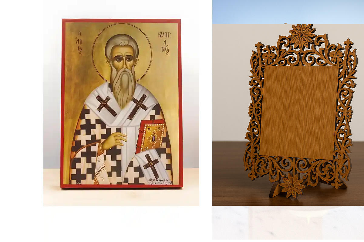 Εικόνα Ορθοδοξίας Δαντέλα μαζι με  Βάση σε  8 χρώματα με περίγραμμα χρυσό σε ξύλο Plywood (Πλακάζ)   με  βάση Άγιος Κύπριος «Κυπριανός», Ξύλινη Χειροποίητη Εικόνα Ελληνικού Βυζαντινού Στυλ Κρεμαστή σε ξύλινη πλάκα Χειροποίητη Ελληνορθόδοξη εικόνα του Ιησο