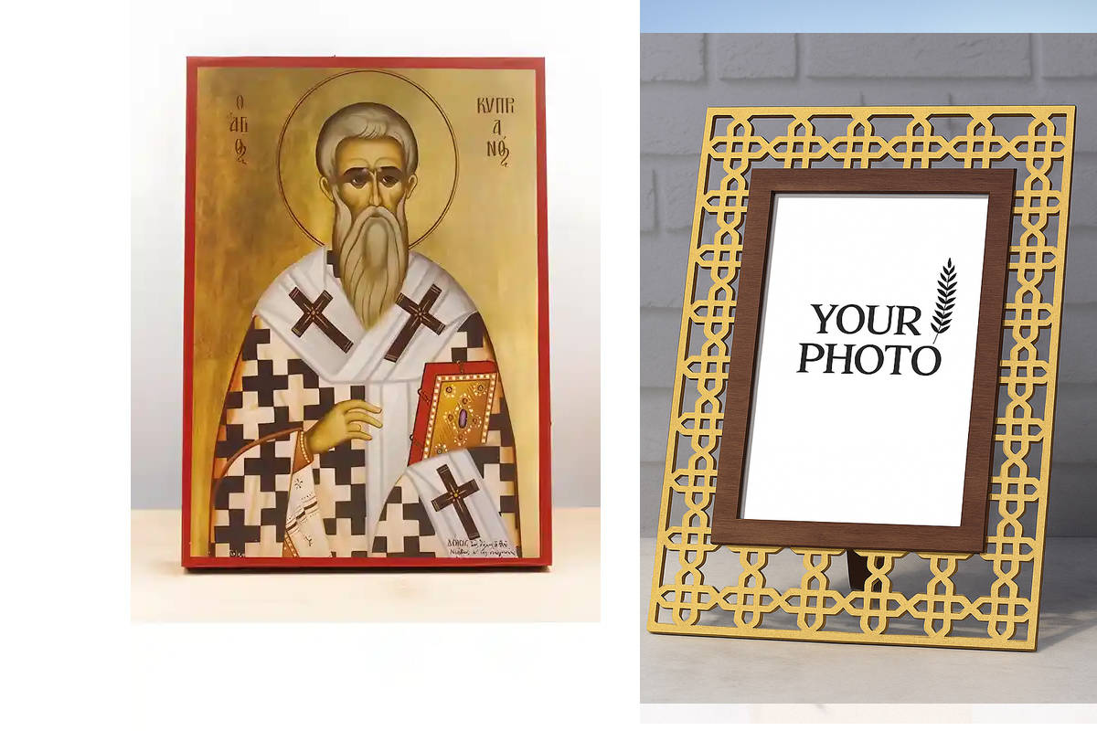 Εικόνα Ορθοδοξίας Πολυτελείας  με  σχεδιο Σταυρούς μαζι με  Βάση σε  8 χρώματα με περίγραμμα χρυσό σε ξύλο Plywood (Πλακάζ)   με  βάση Άγιος Κύπριος «Κυπριανός», Ξύλινη Χειροποίητη Εικόνα Ελληνικού Βυζαντινού Στυλ Κρεμαστή σε ξύλινη πλάκα Χειροποίητη Ελλη