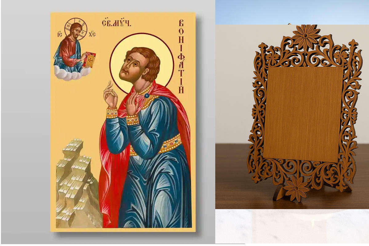 Σετ 2 τεμαχίων – Εικόνα Ορθοδοξίας Δαντέλα μαζι με  Βάση σε  8 χρώματα με περίγραμμα χρυσό σε ξύλο Plywood (Πλακάζ)   με  βάση Βονιφάτιος ο Μάρτυς, Χειροποίητη Ελληνορθόδοξη , Κρεμαστή πλάκα βυζαντινής τέχνης, χριστιανική τέχνη Διάσταση 21x15 cm (8,3 x 5,