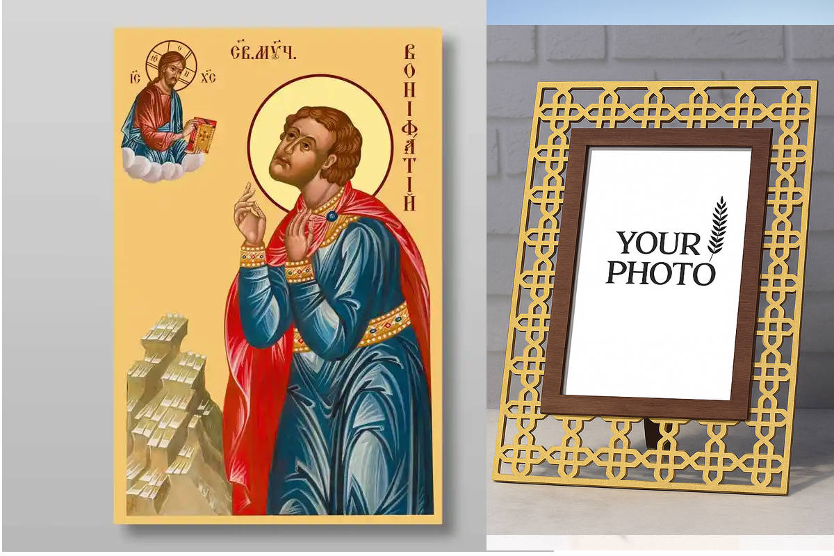 Εικόνα Ορθοδοξίας Πολυτελείας  με  σχεδιο Σταυρούς μαζι με  Βάση σε  8 χρώματα με περίγραμμα χρυσό σε ξύλο Plywood (Πλακάζ)   με  βάση Βονιφάτιος ο Μάρτυς, Χειροποίητη Ελληνορθόδοξη , Κρεμαστή πλάκα βυζαντινής τέχνης, χριστιανική τέχνη Διάσταση 40x30 cm (