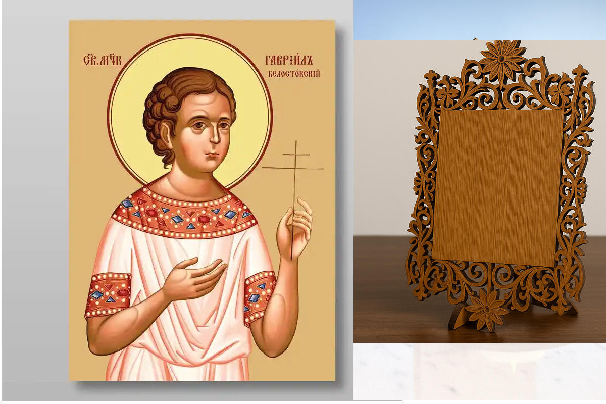 Εικόνα Ορθοδοξίας Δαντέλα μαζι με  Βάση σε  8 χρώματα με περίγραμμα χρυσό σε ξύλο Plywood (Πλακάζ)   με  βάση Gabriel Martyr of Bialystok, Χειροποίητη Ελληνορθόδοξη , Κρεμαστή πλάκα βυζαντινής τέχνης, χριστιανική τέχνη Διάσταση 10x7 cm (3,9 x 2,8 ίντσες)