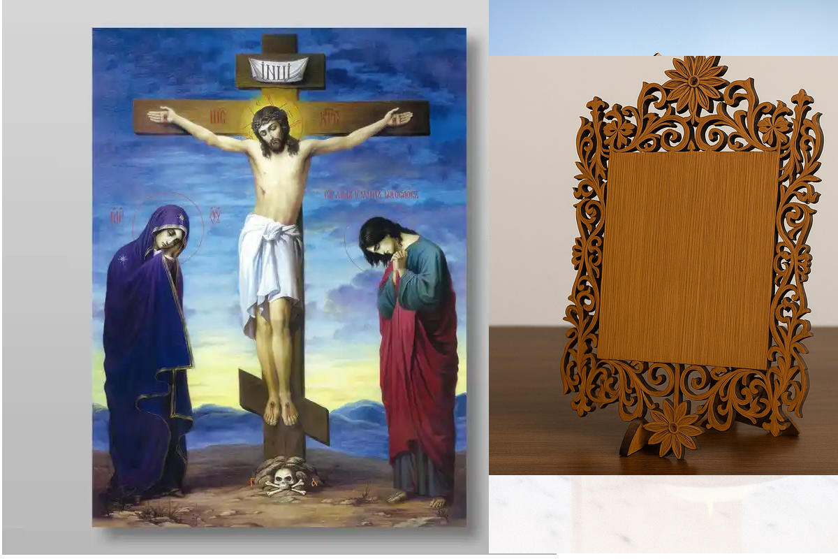 Εικόνα Ορθοδοξίας Δαντέλα μαζι με  Βάση σε  8 χρώματα με περίγραμμα χρυσό σε ξύλο Plywood (Πλακάζ)   με  βάση Γολγοθά Χειροποίητη Ελληνορθόδοξη , Κρεμαστή πλάκα βυζαντινής τέχνης, χριστιανική τέχνη Διάσταση 50x40 cm (19,7 x 15,8 ίντσες) INTRAEKkadro3211-6