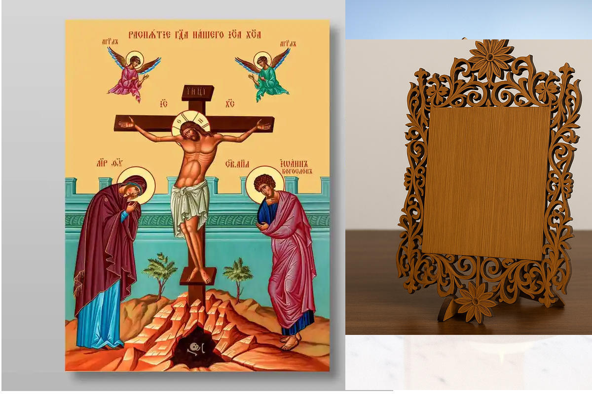 Σετ 2 τεμαχίων – Εικόνα Ορθοδοξίας Δαντέλα μαζι με  Βάση σε  8 χρώματα με περίγραμμα χρυσό σε ξύλο Plywood (Πλακάζ)   με  βάση Γολγοθά Χειροποίητη Ελληνορθόδοξη , Κρεμαστή πλάκα βυζαντινής τέχνης, χριστιανική τέχνη Διάσταση 26x20 cm (10,2 x 7,9 ίντσες) IN