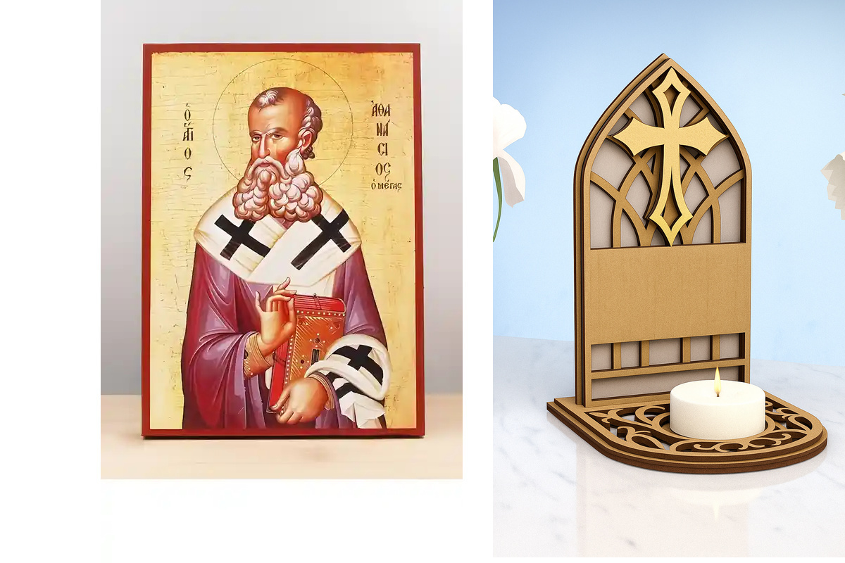 Εικόνα Ορθοδοξίας Καντηλάκι σε  8 χρώματα με περίγραμμα χρυσό σε ξύλο Plywood (Πλακάζ)   με  βάση Άγιος Αθανάσιος Αλεξανδρείας, Ξύλινη Χειροποίητη Εικόνα Ελληνικού Βυζαντινού Στυλ Κρεμασμένη σε ξύλινη πλάκα Χειροποίητη Ελληνορθόδοξη εικόνα του Ιησού Χριστ