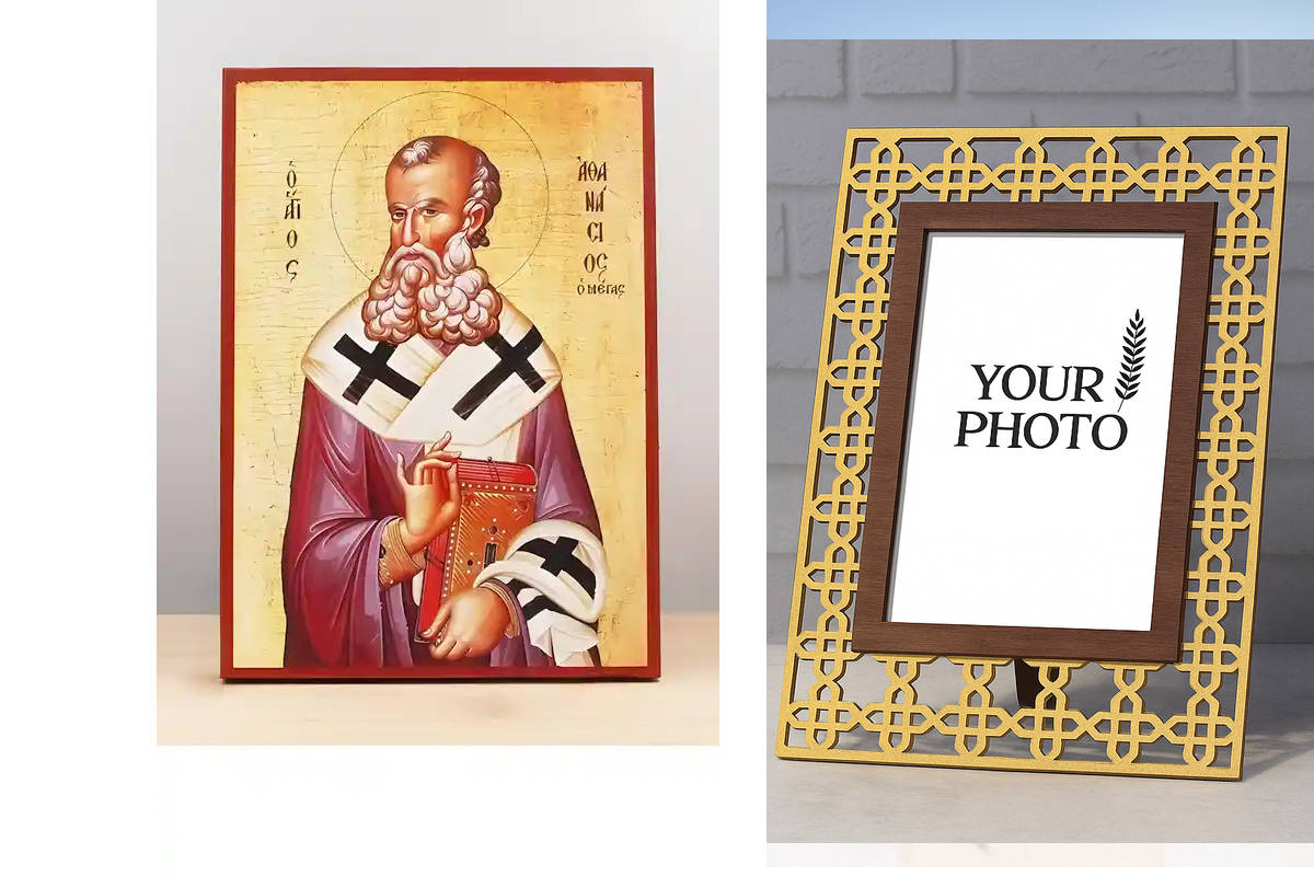 Εικόνα Ορθοδοξίας Πολυτελείας  με  σχεδιο Σταυρούς μαζι με  Βάση σε  8 χρώματα με περίγραμμα χρυσό σε ξύλο Plywood (Πλακάζ)   με  βάση Άγιος Αθανάσιος Αλεξανδρείας, Ξύλινη Χειροποίητη Εικόνα Ελληνικού Βυζαντινού Στυλ Κρεμασμένη σε ξύλινη πλάκα Χειροποίητη