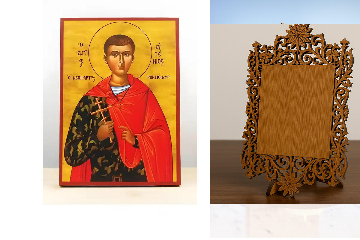 Εικόνα Ορθοδοξίας Δαντέλα μαζι με  Βάση σε  8 χρώματα με περίγραμμα χρυσό σε ξύλο Plywood (Πλακάζ)   με  βάση Άγιος Ευγένιος «Ευγένιος» Ροντιονόφ, Ξύλινη Χειροποίητη Εικόνα Ελληνικού Βυζαντινού Στυλ Κρεμασμένη σε ξύλινη πλάκα Χειροποίητη Ελληνορθόδοξη εικ