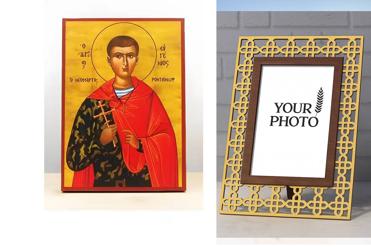 Εικόνα Ορθοδοξίας Πολυτελείας  με  σχεδιο Σταυρούς μαζι με  Βάση σε  8 χρώματα με περίγραμμα χρυσό σε ξύλο Plywood (Πλακάζ)   με  βάση Άγιος Ευγένιος «Ευγένιος» Ροντιονόφ, Ξύλινη Χειροποίητη Εικόνα Ελληνικού Βυζαντινού Στυλ Κρεμασμένη σε ξύλινη πλάκα Χειρ