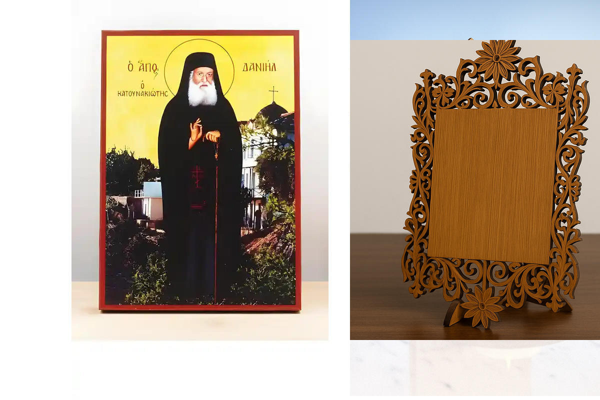 Εικόνα Ορθοδοξίας Δαντέλα μαζι με  Βάση σε  8 χρώματα με περίγραμμα χρυσό σε ξύλο Plywood (Πλακάζ)   με  βάση Άγιος Δανιήλ Κατουνακιώτης Σμύρνης, Ξύλινη Χειροποίητη Εικόνα Ελληνικού Βυζαντινού Στυλ Κρεμαστή σε ξύλινη πλάκα Θρησκευτικό Θέμα Χειροποίητη Ελλ