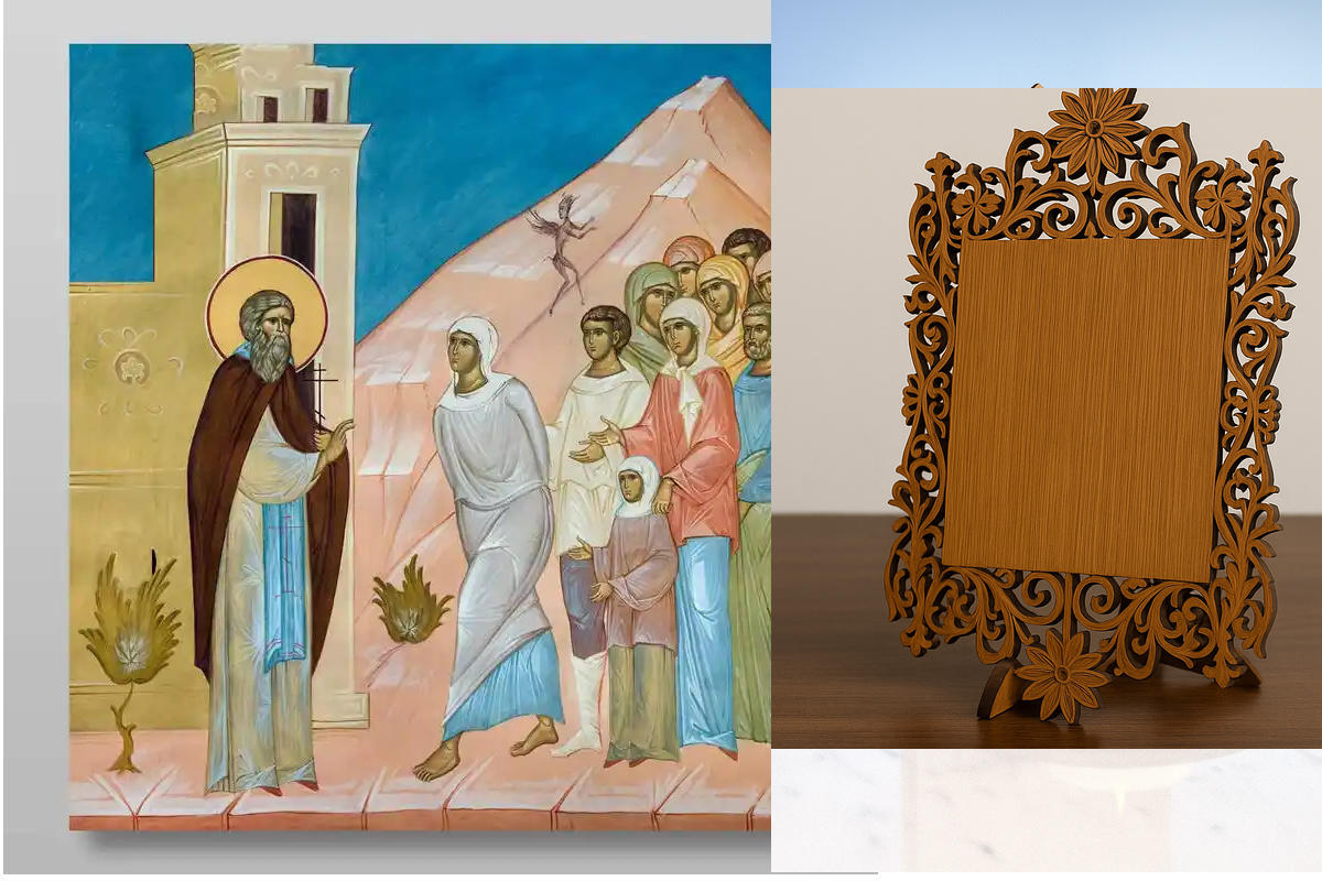 Εικόνα Ορθοδοξίας Δαντέλα μαζι με  Βάση σε  8 χρώματα με περίγραμμα χρυσό σε ξύλο Plywood (Πλακάζ)   με  βάση Ο Αμφιλόχιος θεραπεύει τον άρρωστο Χειροποίητη Ελληνορθόδοξη , Κρεμαστή πλάκα βυζαντινής τέχνης, χριστιανική τέχνη Διάσταση 40x30 cm (15,8 x 11,8