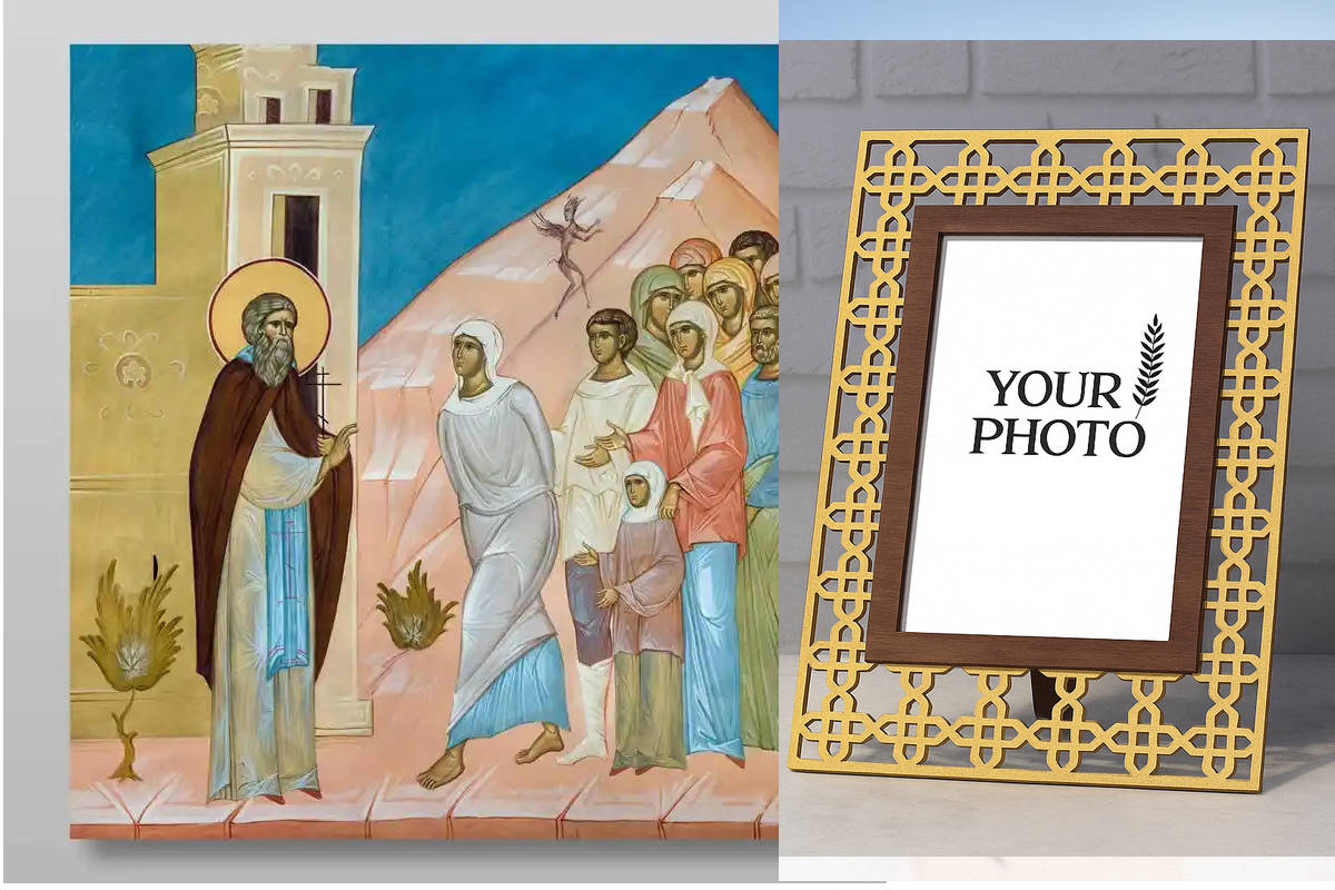 Εικόνα Ορθοδοξίας Πολυτελείας  με  σχεδιο Σταυρούς μαζι με  Βάση σε  8 χρώματα με περίγραμμα χρυσό σε ξύλο Plywood (Πλακάζ)   με  βάση Ο Αμφιλόχιος θεραπεύει τον άρρωστο Χειροποίητη Ελληνορθόδοξη , Κρεμαστή πλάκα βυζαντινής τέχνης, χριστιανική τέχνη Διάστ