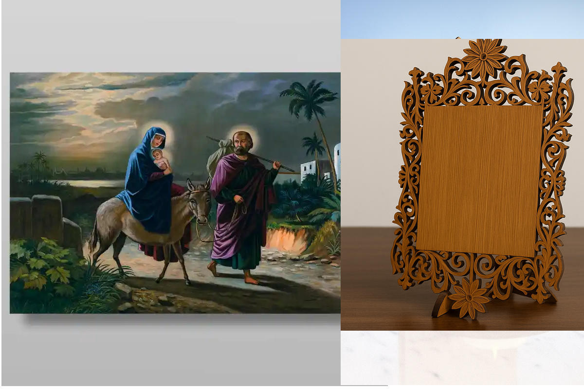 Σετ 2 τεμαχίων – Εικόνα Ορθοδοξίας Δαντέλα μαζι με  Βάση σε  8 χρώματα με περίγραμμα χρυσό σε ξύλο Plywood (Πλακάζ)   με  βάση Πτήση για Αίγυπτο Χειροποίητη Ελληνορθόδοξη , Κρεμαστή πλάκα βυζαντινής τέχνης, χριστιανική τέχνη Διάσταση 26x20 cm (10,2 x 7,9