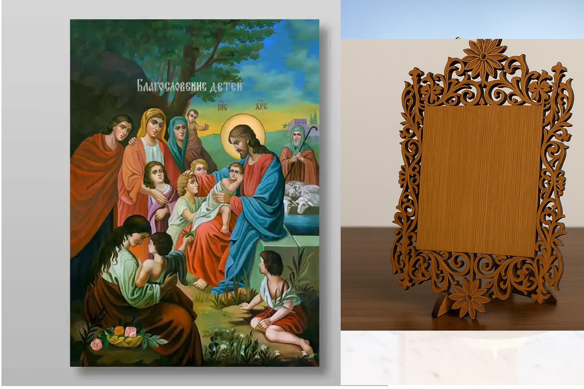 Εικόνα Ορθοδοξίας Δαντέλα μαζι με  Βάση σε  8 χρώματα με περίγραμμα χρυσό σε ξύλο Plywood (Πλακάζ)   με  βάση Ευλογία Παίδων Χειροποίητη Ελληνορθόδοξη , Κρεμαστή πλάκα βυζαντινής τέχνης, χριστιανική τέχνη Διάσταση 40x30 cm (15,8 x 11,8 ίντσες) INTRAEKkadr