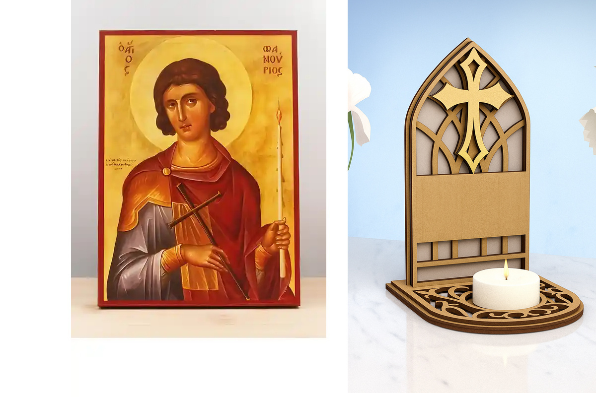 Εικόνα Ορθοδοξίας Καντηλάκι σε  8 χρώματα με περίγραμμα χρυσό σε ξύλο Plywood (Πλακάζ)   με  βάση Άγιος Φανούριος ο Νεοφανής, Ξύλινη Χειροποίητη Εικόνα Ελληνικής Κορυφαίας Βυζαντινής Στυλ Κρεμασμένη σε ξύλινη πλάκα Χειροποίητη Ελληνορθόδοξη εικόνα του Ιησ