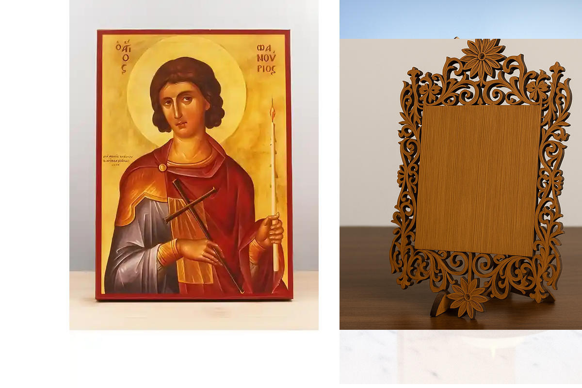 Εικόνα Ορθοδοξίας Δαντέλα μαζι με  Βάση σε  8 χρώματα με περίγραμμα χρυσό σε ξύλο Plywood (Πλακάζ)   με  βάση Άγιος Φανούριος ο Νεοφανής, Ξύλινη Χειροποίητη Εικόνα Ελληνικής Κορυφαίας Βυζαντινής Στυλ Κρεμασμένη σε ξύλινη πλάκα Χειροποίητη Ελληνορθόδοξη ει