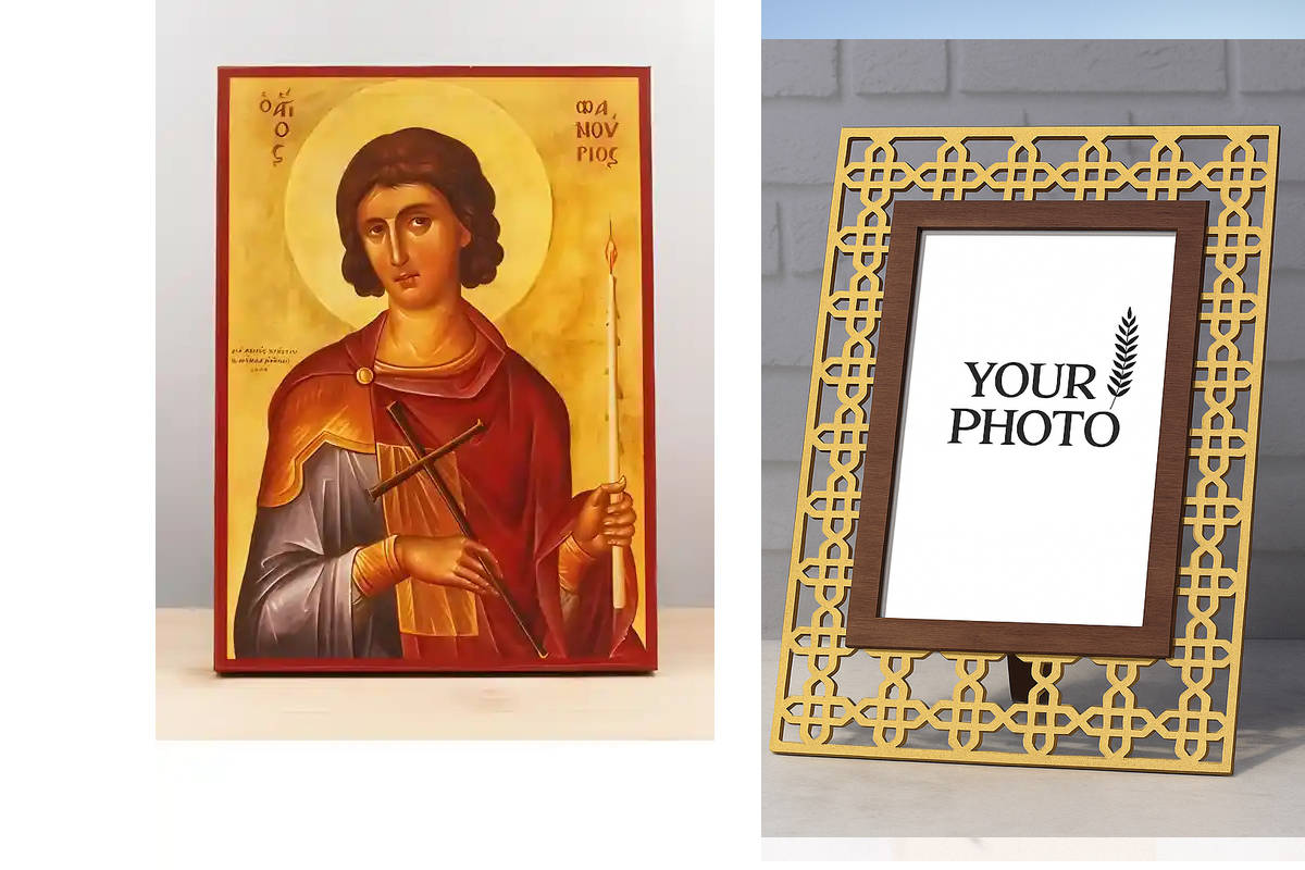 Εικόνα Ορθοδοξίας Πολυτελείας  με  σχεδιο Σταυρούς μαζι με  Βάση σε  8 χρώματα με περίγραμμα χρυσό σε ξύλο Plywood (Πλακάζ)   με  βάση Άγιος Φανούριος ο Νεοφανής, Ξύλινη Χειροποίητη Εικόνα Ελληνικής Κορυφαίας Βυζαντινής Στυλ Κρεμασμένη σε ξύλινη πλάκα Χει