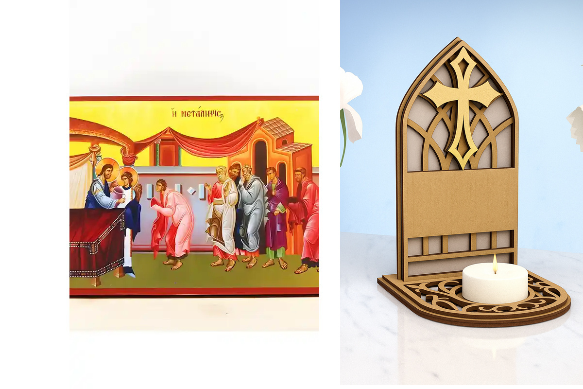 Εικόνα Ορθοδοξίας Καντηλάκι σε  8 χρώματα με περίγραμμα χρυσό σε ξύλο Plywood (Πλακάζ)   με  βάση Ευχαριστιακή Κοινωνία του Αίματος του Ιησού Χριστού Μετάληψη, Ξύλινη Χειροποίητη Εικόνα Ελληνικής Premium Βυζαντινής τεχνοτροπίας Κρεμασμένη σε ξύλινη πλάκα