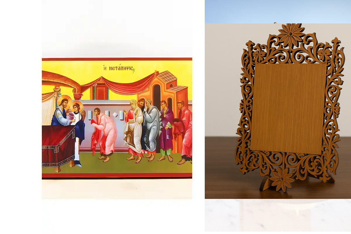 Εικόνα Ορθοδοξίας Δαντέλα μαζι με  Βάση σε  8 χρώματα με περίγραμμα χρυσό σε ξύλο Plywood (Πλακάζ)   με  βάση Ευχαριστιακή Κοινωνία του Αίματος του Ιησού Χριστού Μετάληψη, Ξύλινη Χειροποίητη Εικόνα Ελληνικής Premium Βυζαντινής τεχνοτροπίας Κρεμασμένη σε ξ