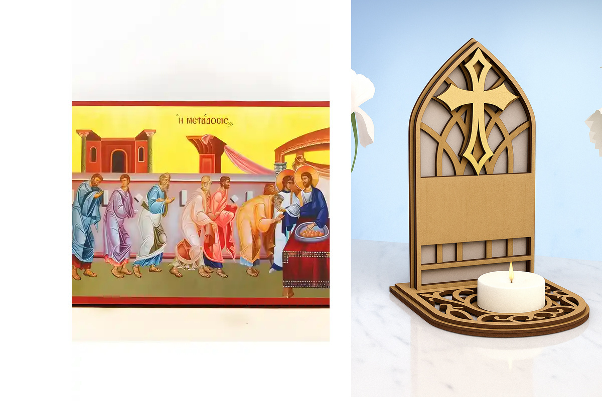 Εικόνα Ορθοδοξίας Καντηλάκι σε  8 χρώματα με περίγραμμα χρυσό σε ξύλο Plywood (Πλακάζ)   με  βάση Ευχαριστιακή Κοινωνία του Σώματος του Ιησού Χριστού Μεταδόση, Ξύλινη Χειροποίητη Εικόνα Ελληνικής Premium Βυζαντινής τεχνοτροπίας Κρεμασμένη σε ξύλινη πλάκα