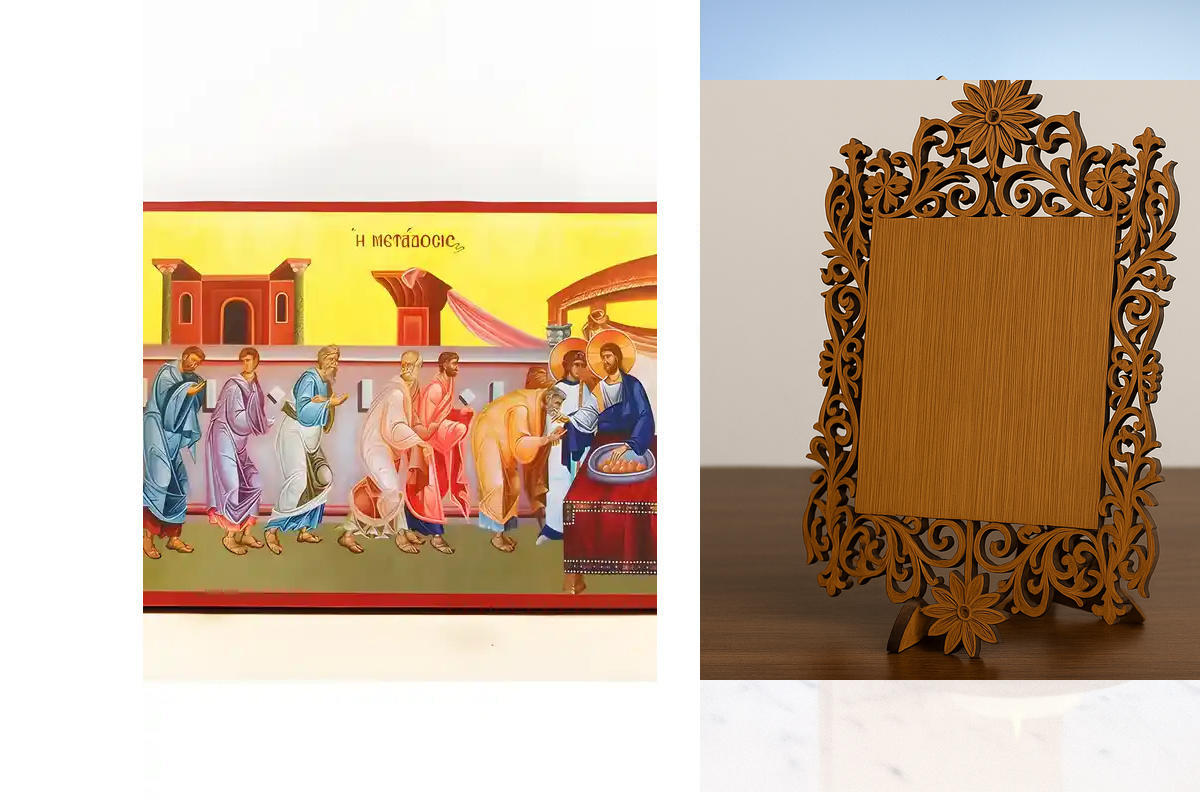 Εικόνα Ορθοδοξίας Δαντέλα μαζι με  Βάση σε  8 χρώματα με περίγραμμα χρυσό σε ξύλο Plywood (Πλακάζ)   με  βάση Ευχαριστιακή Κοινωνία του Σώματος του Ιησού Χριστού Μεταδόση, Ξύλινη Χειροποίητη Εικόνα Ελληνικής Premium Βυζαντινής τεχνοτροπίας Κρεμασμένη σε ξ