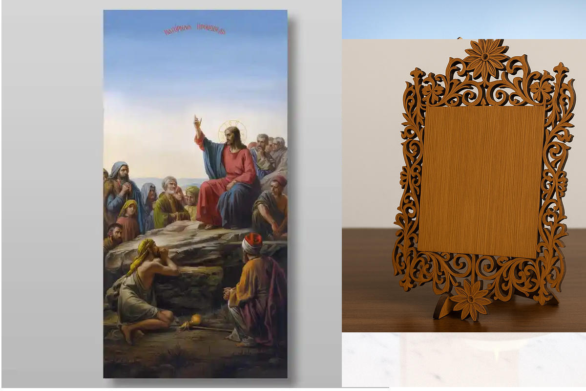 Εικόνα Ορθοδοξίας Δαντέλα μαζι με  Βάση σε  8 χρώματα με περίγραμμα χρυσό σε ξύλο Plywood (Πλακάζ)   με  βάση Επί του Όρους Ομιλία Χειροποίητη Ελληνορθόδοξη , Κρεμαστή πλάκα βυζαντινής τέχνης, χριστιανική τέχνη Διάσταση 40x30 cm (15,8 x 11,8 ίντσες) INTRA