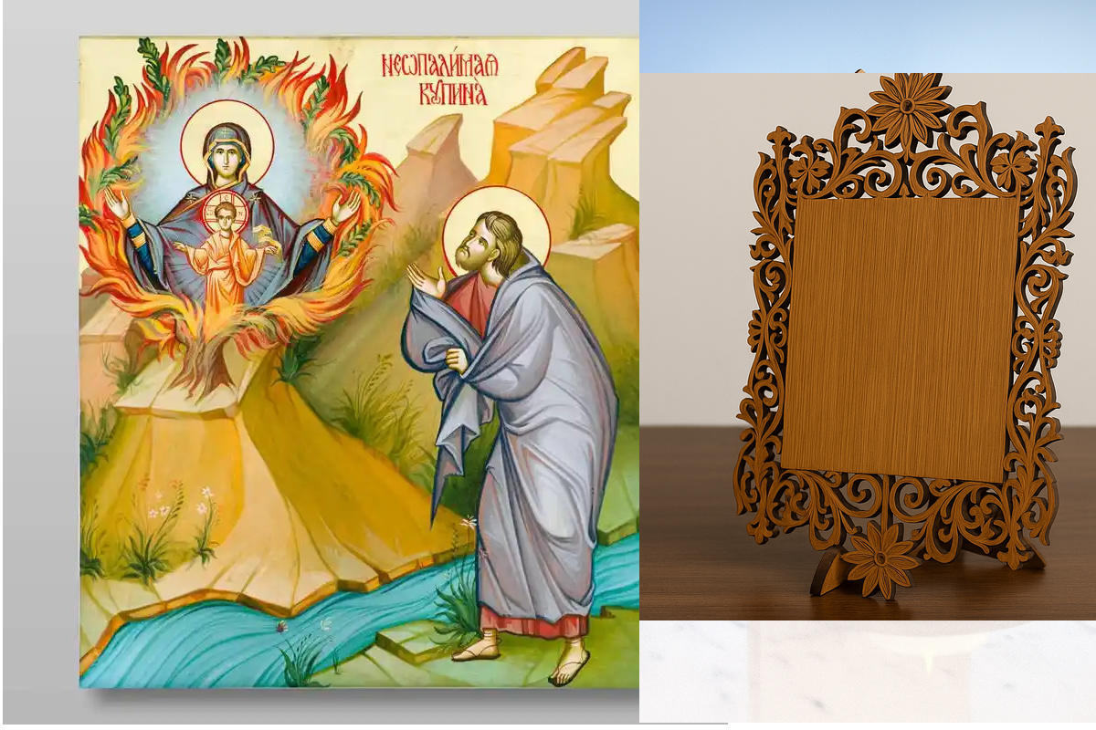 Σετ 2 τεμαχίων – Εικόνα Ορθοδοξίας Δαντέλα μαζι με  Βάση σε  8 χρώματα με περίγραμμα χρυσό σε ξύλο Plywood (Πλακάζ)   με  βάση Το Burning Bush Χειροποίητη Ελληνορθόδοξη , Κρεμαστή πλάκα βυζαντινής τέχνης, χριστιανική τέχνη Διάσταση 15x11 cm (5,9 x 4,3 ίντ