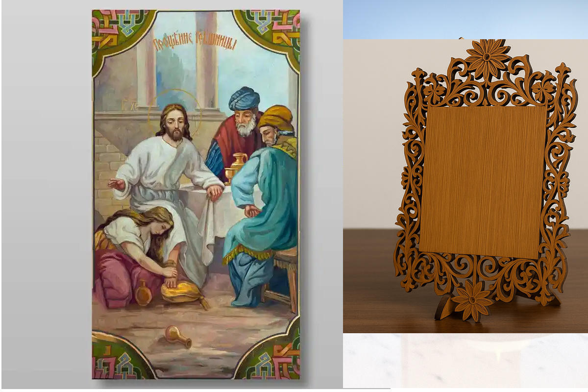 Εικόνα Ορθοδοξίας Δαντέλα μαζι με  Βάση σε  8 χρώματα με περίγραμμα χρυσό σε ξύλο Plywood (Πλακάζ)   με  βάση Συγχώρεση αμαρτωλού Χειροποίητη Ελληνορθόδοξη , Κρεμαστή πλάκα βυζαντινής τέχνης, χριστιανική τέχνη Διάσταση 40x30 cm (15,8 x 11,8 ίντσες) INTRAE