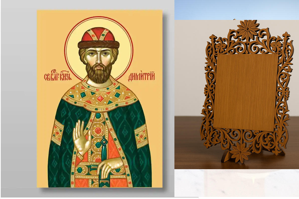 Εικόνα Ορθοδοξίας Δαντέλα μαζι με  Βάση σε  8 χρώματα με περίγραμμα χρυσό σε ξύλο Plywood (Πλακάζ)   με  βάση Demetrius Donskoy ο άγιος ευγενής πρίγκιπας, Χειροποίητη Ελληνορθόδοξη , Κρεμαστή πλάκα βυζαντινής τέχνης, χριστιανική τέχνη Διάσταση 10x7 cm (3,