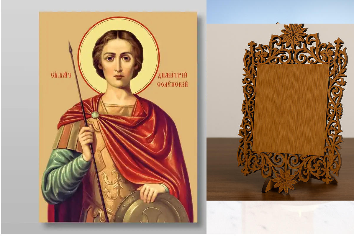 Εικόνα Ορθοδοξίας Δαντέλα μαζι με  Βάση σε  8 χρώματα με περίγραμμα χρυσό σε ξύλο Plywood (Πλακάζ)   με  βάση Δημήτριος ο Μεγαλομάρτυς Θεσσαλονίκης, Χειροποίητη Ελληνορθόδοξη , Κρεμαστή πλάκα βυζαντινής τέχνης, χριστιανική τέχνη Διάσταση 10x7 cm (3,9 x 2,