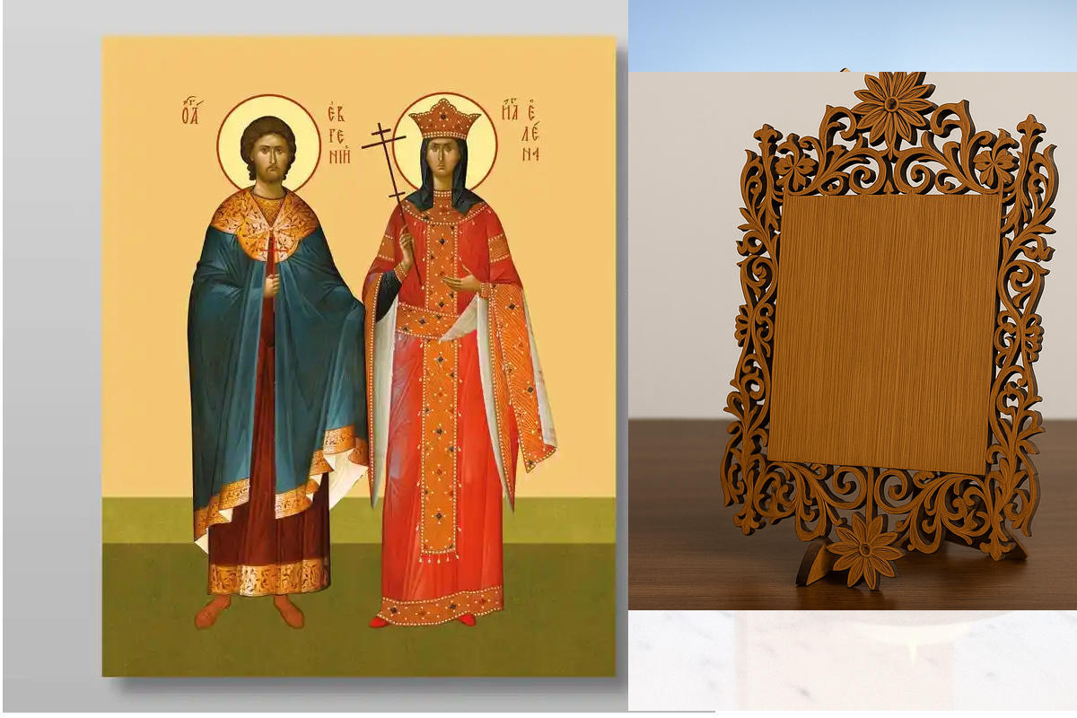 Εικόνα Ορθοδοξίας Δαντέλα μαζι με  Βάση σε  8 χρώματα με περίγραμμα χρυσό σε ξύλο Plywood (Πλακάζ)   με  βάση Ευγένιος και Έλενα μάρτυρες, Χειροποίητη Ελληνορθόδοξη , Κρεμαστή πλάκα βυζαντινής τέχνης, χριστιανική τέχνη Διάσταση 40x30 cm (15,8 x 11,8 ίντσε
