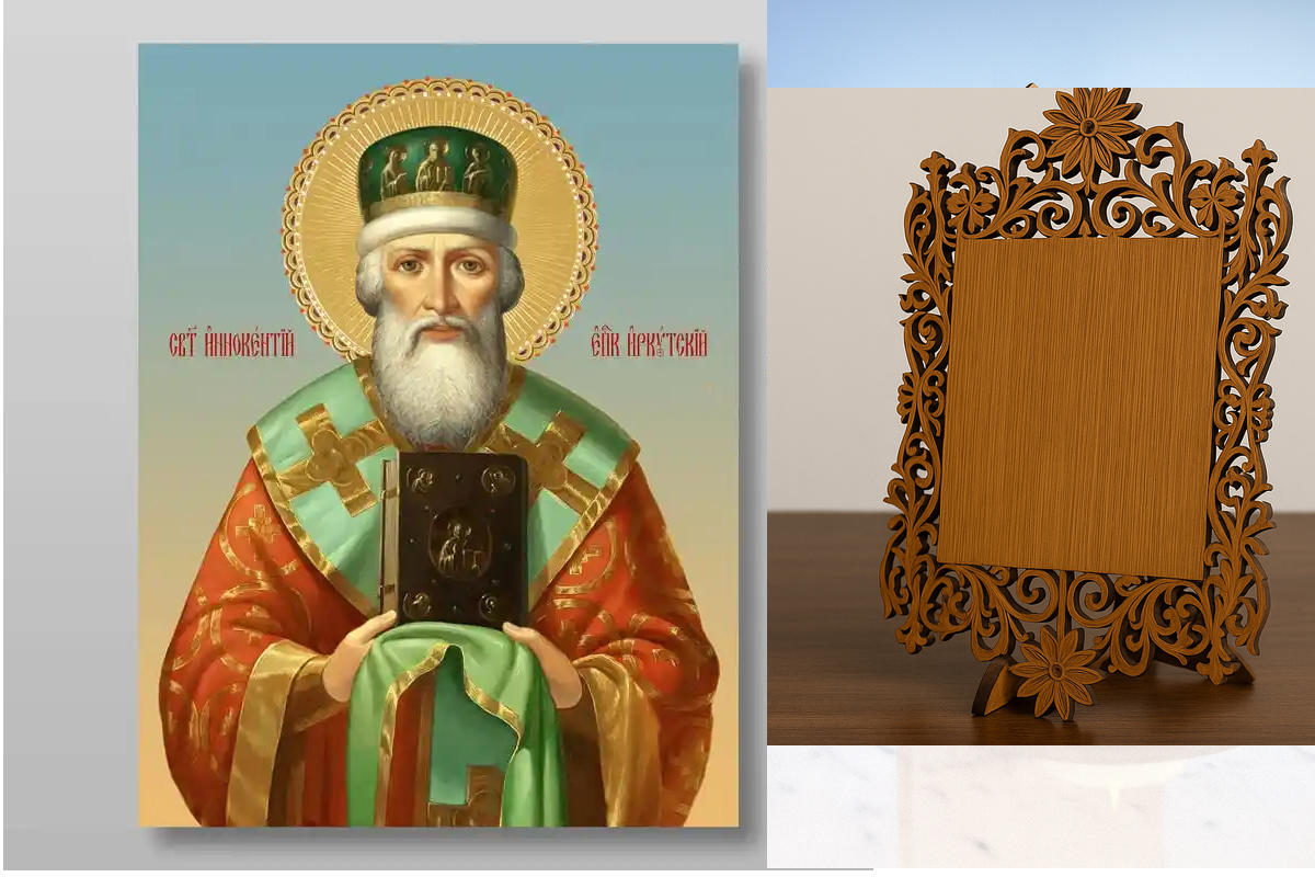 Εικόνα Ορθοδοξίας Δαντέλα μαζι με  Βάση σε  8 χρώματα με περίγραμμα χρυσό σε ξύλο Plywood (Πλακάζ)   με  βάση Innokenty Irkutsky saint, Χειροποίητη Ελληνορθόδοξη , Κρεμαστή πλάκα βυζαντινής τέχνης, χριστιανική τέχνη Διάσταση 40x30 cm (15,8 x 11,8 ίντσες)